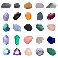 Set of different stones and crystals. Various types of minerals, crystals, gems, diamonds, isolated. Vector illustration.