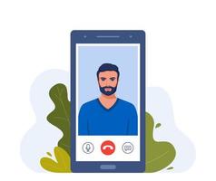 Video call on smartphone. Young man on smartphone screen with connection icons. Communication online using the phone. Talking through video call. Chatting online. Vector illustration.