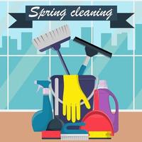 Spring cleaning concept. Bucket, scoop and brush for sweeping, washing powder, bottle of spray, sponge, brush, glass scraper, rubber gloves. Big window and city on background. Vector illustration.