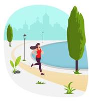 Young beautiful woman running in city park. Girl jogging. Park, plants, trees and street lamp. Vector illustration in modern flat style for banner, website or animation.