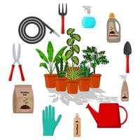 Potted plants surrounded by garden tools. Set of gardening tools, potting soil, various fertilizers in bottles. Vector illustration in flat style.