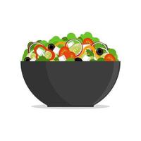 Fresh greek salad in big bowl, side view. Tomato, sweet pepper, onion, greens, cheese, olives, cucumber, mixed in plate. Vector flat illustration.