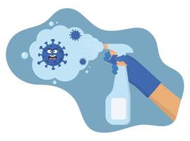 Coronavirus character scared of spraying sanitizer. Hand in a protective glove holds a spray sanitizer. Fighting covid 19 with disinfection. Vector illustration.