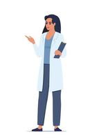 Doctor in medical uniform pointing and showing something with hand. Medicine worker woman explaining and presenting something. Vector flat illustration.