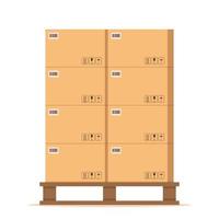 Boxes pallet. Beige cardboard closed box stack with fragile sign on wooden pallets, packaging cargo storage, industry shipment, shipping goods. Vector illustration.