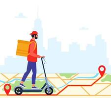 Delivery service concept and application for tracking online orders, food delivery. Man courier riding electric scooter with yellow package product box. Vector illustration for website, mobile app.