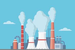 Planta industrial altamente contaminante con torres y pipas humeantes. emisiones de dióxido de carbono. contaminación del medio ambiente. ilustración vectorial de estilo plano. vector