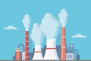 Highly polluting factory plant with smoking towers and pipes. Carbon dioxide emissions. Environment contamination. Flat style vector illustration.