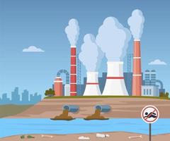 Dirty water stems from the pipe polluting the river. Discharge of liquid chemical waste. Factory in the background. The danger for the environment. Flat vector illustration for infographics.