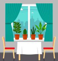 Big window with curtain and plants in pots on the windowsill, table with white tablecloth and two chairs in the foreground. City outside the window. Vector illustration in flat style.