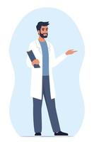 Doctor in medical uniform pointing and showing something with hand. Medicine worker man explaining and presenting something. Vector flat illustration.