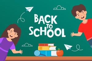 Back to school poster, banner. Lettering Back to school inscription with clouds and paper airplanes flying around, drawn with chalk on a green board. Happy kids. Vector.