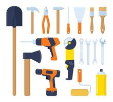 colección de herramientas de trabajo. conjunto de iconos de herramientas de reparación y construcción. martillo, alicates, cincel, lima, destornillador, pala, hacha, llave inglesa, sierra, taladro, regla, amoladora, caja de herramientas. ilustración vectorial vector