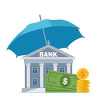 Money under umbrella. Concept of money protection, financial savings insurance. Blue umbrella, big pile of cash, bank building. Vector illustration.