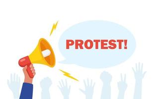 Protesters hands holding protest signs, crowd of angry people. Vector illustration.