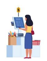 personaje de mujer en el puesto de supermercado en el autoservicio de caja con terminal pos para pagar sin efectivo las compras de comestibles. pago sin contacto, tecnologías contemporáneas. ilustración vectorial vector