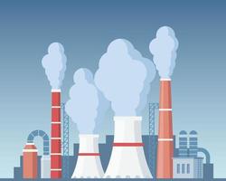 Highly polluting factory plant with smoking towers and pipes. Carbon dioxide emissions. Environment contamination. Flat style vector illustration.