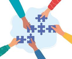 Five hands putting multicolor puzzle pieces together. Teamwork, cooperation, business, solution, work concept.Vector illustration. vector