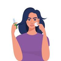 mujer joven limpiándose la cara con una almohadilla de algodón, sosteniendo una loción de limpieza en la mano. belleza, cuidado de la piel y concepto cosmético. ilustración vectorial en estilo plano. vector