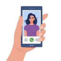 Hand holds smartphone during video call. Young woman on smartphone screen with connection icons. Communication online using the phone. Talking through video call. Chatting online. Vector illustration.