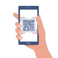 la mano sostiene un teléfono inteligente con un código qr en la pantalla. escaneo de código qr o captura de teléfono móvil. reconocimiento de iconos o lectura de código qr. ilustración vectorial en estilo plano. vector