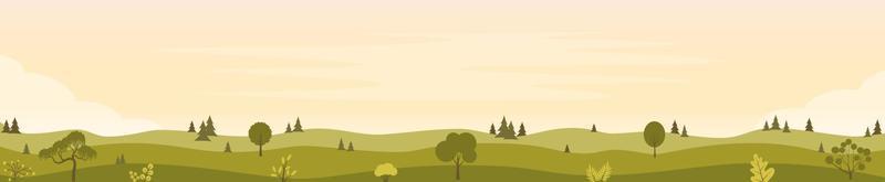 Beautiful fields landscape with a green hills, trees, bushes. Rural landscape in the warm dawn colours. Countryside background Horizontal banner template. Vector flat illustration.