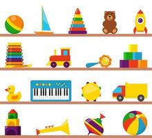 coloridos juguetes para niños en estantes de madera. cubos, perinola, pato, sonajero de pelota, camión, pirámide, pipa, oso, pelota, cohete, pandereta, bote, acordeón, tren, tambor. vector de estilo plano.