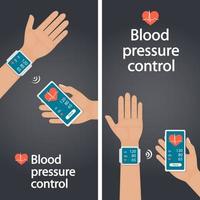 Measurement and monitoring of blood pressure with modern gadgets and mobile applications. Man checking arterial blood pressure with digital device tonometer. Healthcare. Flat vector illustration.