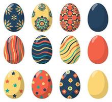 Easter eggs decorated with various simple and complex patterns, set. Vector illustration in flat style.