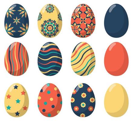 Easter eggs decorated with various simple and complex patterns, set. Vector illustration in flat style.