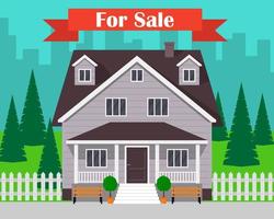 House for sale. Traditional cottage s facade, house selling concept. Vector illustration in flat style.