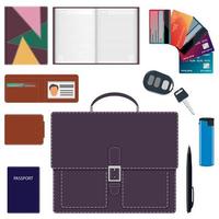 Men s briefcase and its contents. Men s bag and a common set of objects carry with them. Diary, wallet, bank cards, car keys, passport, lighter, pen. Vector illustration.