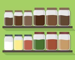 Set of kitchen jars with different content. Kitchen jars on the shelves. Vector illustration.
