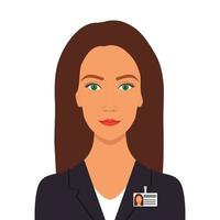 elegante mujer bonita en traje de negocios con insignia. foto de perfil de avatar de mujer de negocios. ilustración vectorial, aislado. vector