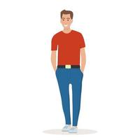 joven en una camiseta y pantalones de pie con las manos en los bolsillos, sonriendo. hombre en pose relajada y de buen humor. ilustración vectorial plana. vector