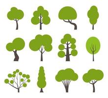 Various green trees in simple graphic style. Tree icons set in a modern flat style. Vector illustration.