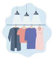 Clothes hang on a hanger, illuminated by lamps. Fashion boutique, assortment showroom. Women's personal wardrobe, dressing room. Trousers, summer dress on hangers. Vector illustration.