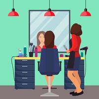 Hairdresser and woman client in beauty hairdressing salon. Chair, mirror, table, hairdressing tools, cosmetic products for hair care. Barber shop interior. Flat style vector illustration.