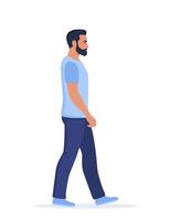 Young man in casual clothes walking forward, side view. Vector Illustration.