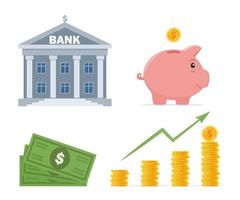 Bank building, piggy bank, dollar banknotes and coins, heap of money and arrow pointing up. Bank financing, money exchange, financial services, ATM, giving out money, set. Vector flat illustration.