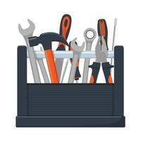 Tool box with collection of carpentry, mechanic, locksmith tools. Wrench, screwdriver, hammer, rasp, pliers. Vector illustration, isolated.