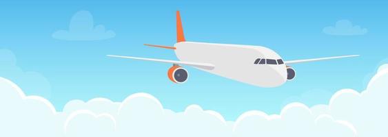 Flying plane above the clouds. Aircraft in the sky. Travel concept illustration for advertising airline, website to search for air tickets, travel agency. Traveling flyer, banner, vector illustration.