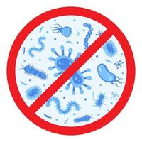 Antibacterial defence icon. Stop bacteria and viruses prohibition sign. Antiseptic. Various bacteria in the red crossed-out circle. Vector illustration.