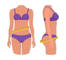 Waist of woman and measuring tape. Female slim body, front and side view. Weight loss. Figure of woman losing weight. Healthy lifestyle. Vector illustration.