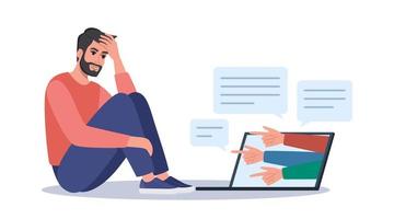 Cyber bullying. Depressed man sitting on the floor, hands with index fingers pointing at him. Opinion and the pressure of society. Shame. Vector illustration.