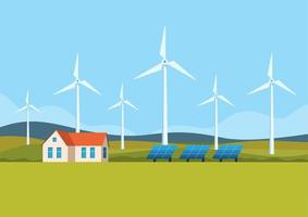 Modern Eco-friendly Private house with Windmills and Solar energy panels. Wind turbines on a rural landscape. The concept of green energy. Vector illustration.