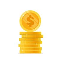 Stack of coins with front view coin on it. Pile of gold shiny coins with dollar sign. Vector illustration.