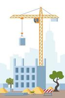 Building work process with houses and tower crane. City landscape on background. Vector illustration.