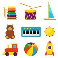 Colorful children toys, set of vector icons in flat style. Bear, ball, rocket, tambourine, boat, accordion, train, drum. Toys for kids.