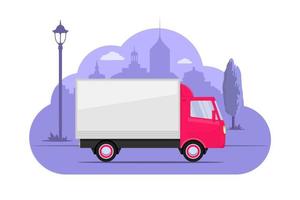 Cute little truck on city silhouette background. Pink lorry on purple monochrome background. Truck concept illustration for app or website. Modern transport. Flat style vector illustration.
